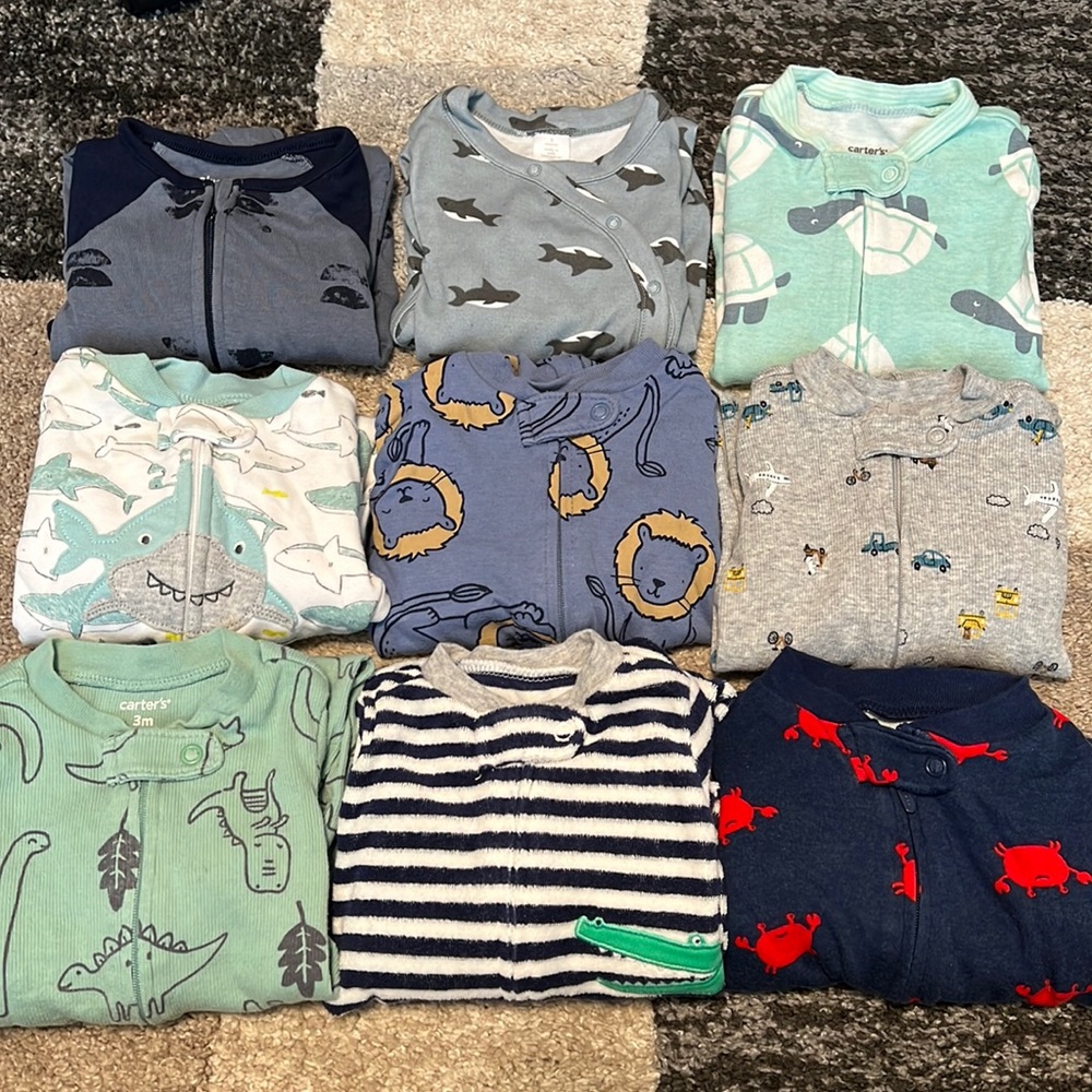 NINE baby boys footed onesies, size 3 months GUC!
